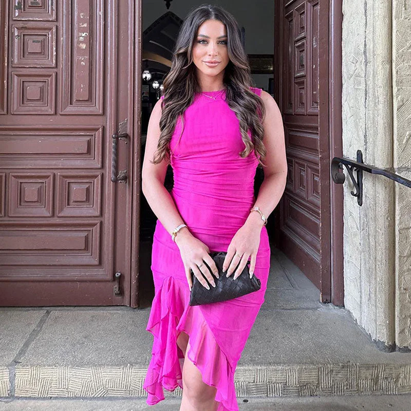 Feminine Crew Neck Sleeveless Ruched Mesh Bodycon Ruffle Midi Party Dress Tunics Versatile functional