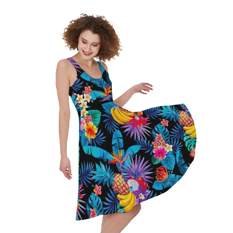 Turquoise Hawaiian Fruits Pattern Print Sleeveless Knee Length Dress Tunics Hiking breathable Turquoise Hawaiian Fruits Pattern Print Sleeveless Knee Length Dress Tunics Hiking breathable