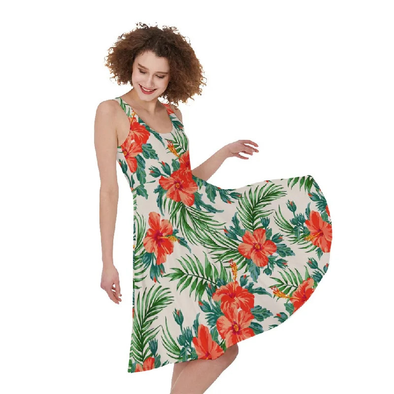 Tropical Hibiscus Blossom Pattern Print Sleeveless Knee Length Dress Tunics Stylish modern
