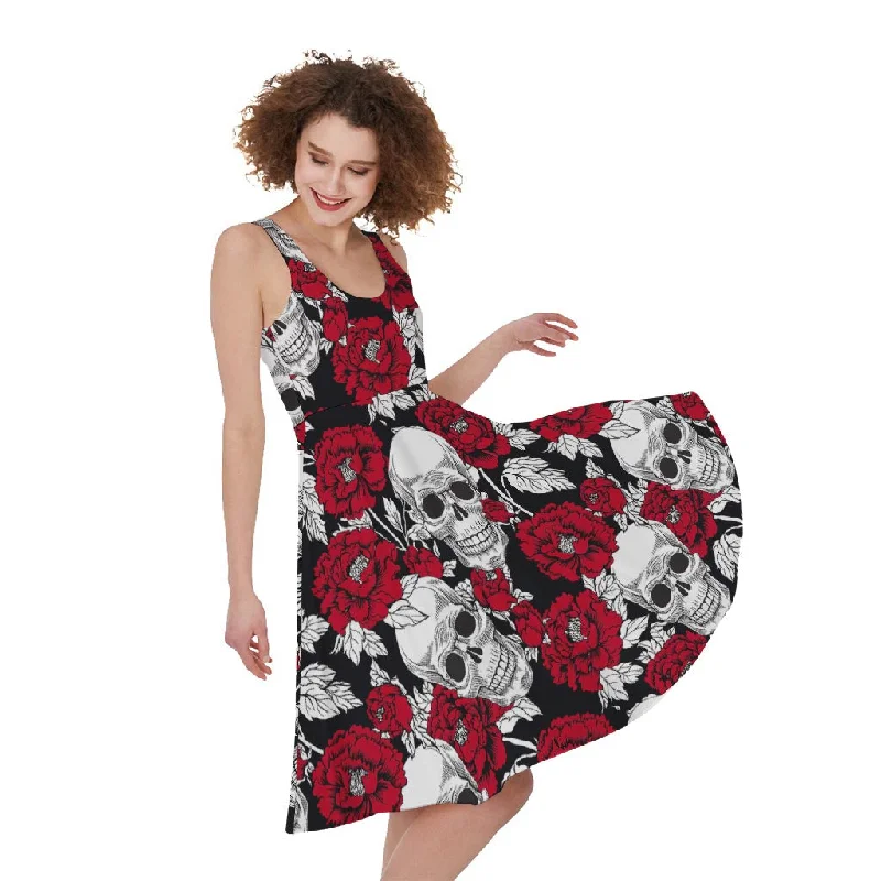 Red Peony Skull Pattern Print Sleeveless Knee Length Dress A-Line Day Work