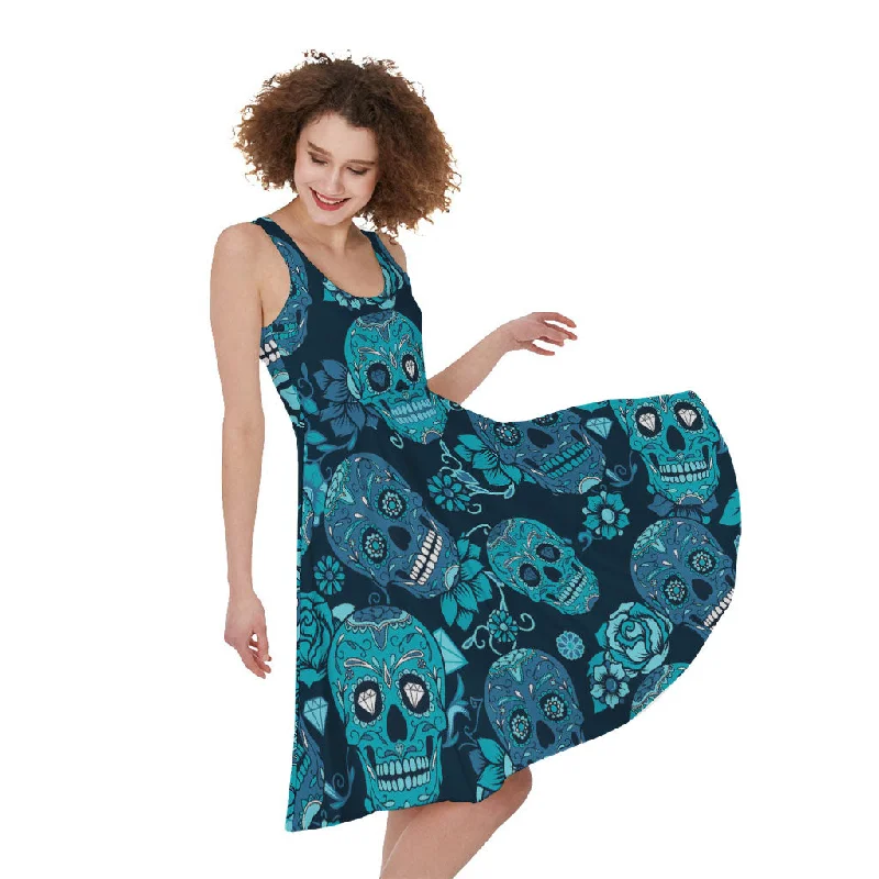 Teal Sugar Skull Flower Pattern Print Sleeveless Knee Length Dress Tunics Party sparkling Teal Sugar Skull Flower Pattern Print Sleeveless Knee Length Dress Tunics Party sparkling