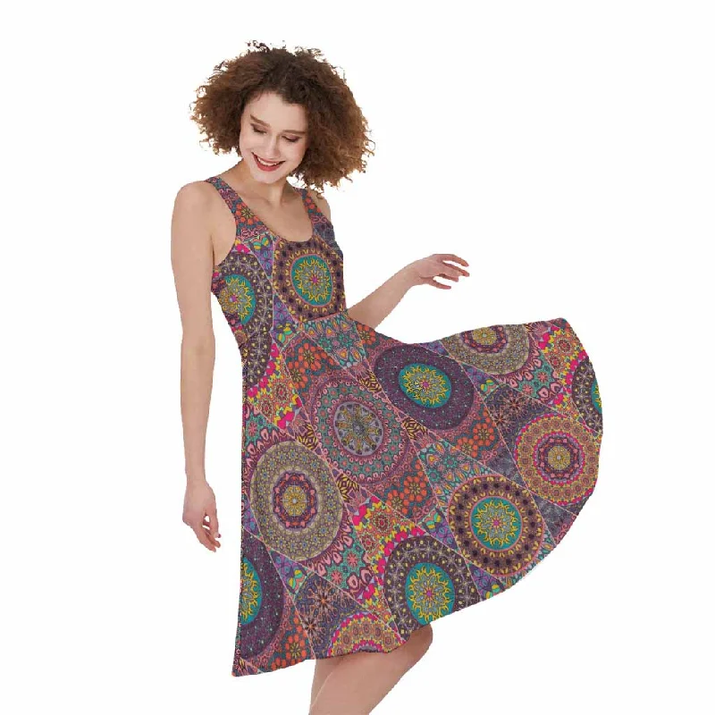 Vintage Bohemian Floral Mandala Print Sleeveless Knee Length Dress Boatneck Modish Everyday
