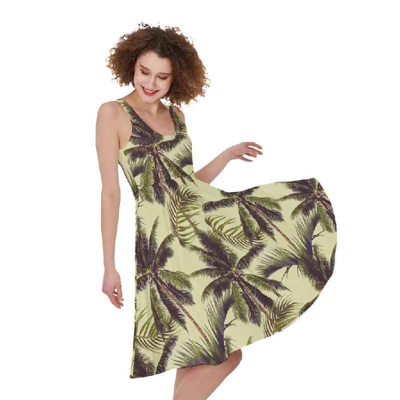 Vintage Palm Tree Pattern Print Sleeveless Knee Length Dress Tunics New arrival