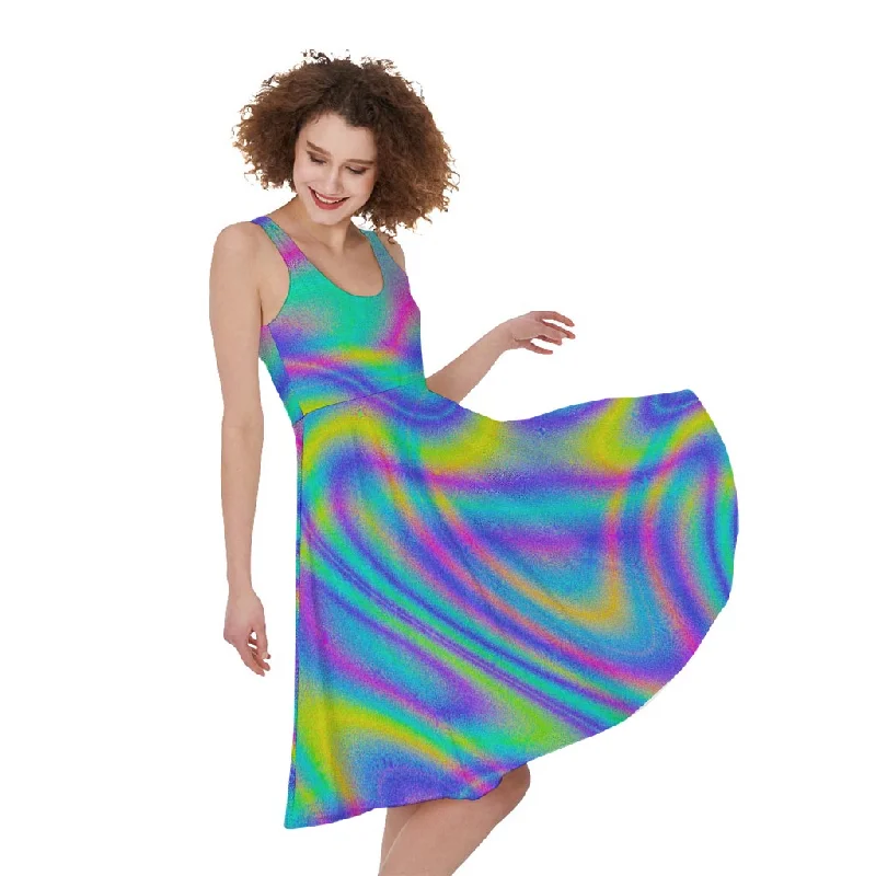 Turquoise Holographic Trippy Print Sleeveless Knee Length Dress Tunics Running lightweight Turquoise Holographic Trippy Print Sleeveless Knee Length Dress Tunics Running lightweight
