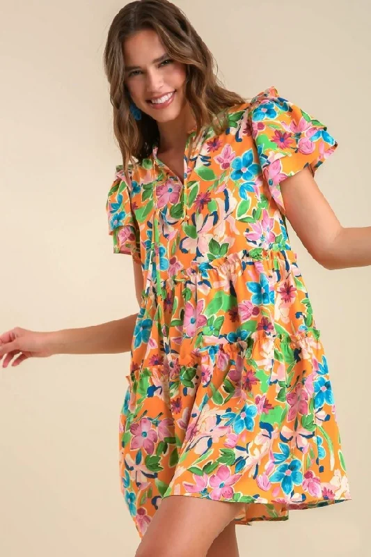 Umgee Floral Mini Dress in Orange Mix Elegant Off-Shoulder Dress Mini