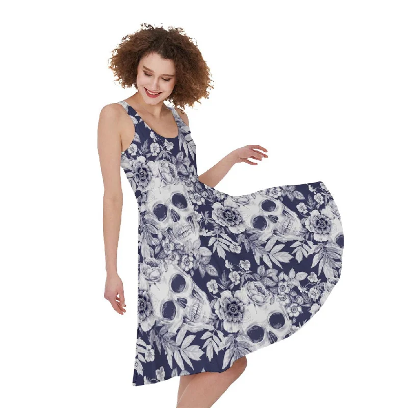 White Blue Skull Floral Pattern Print Sleeveless Knee Length Dress Cowl Neckline Elegant White Blue Skull Floral Pattern Print Sleeveless Knee Length Dress Cowl Neckline Elegant