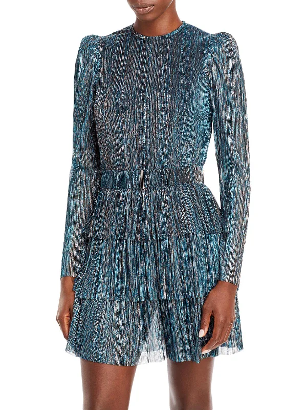 Monique Womens Shimmer Long Sleeves Cocktail and Party Dress Crew Neckline Casual