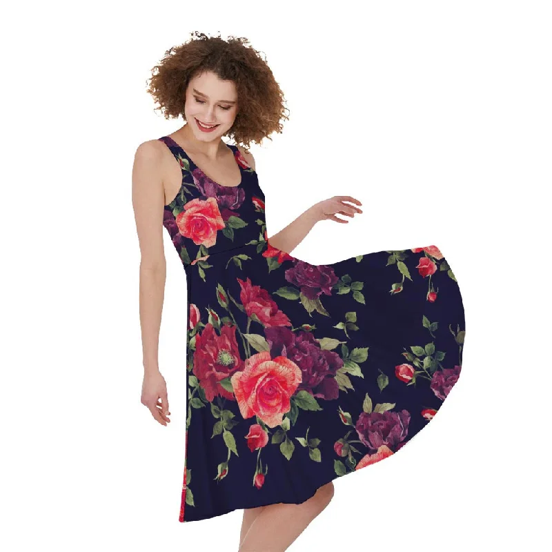 Red Violet Roses Floral Pattern Print Sleeveless Knee Length Dress Tunics Sophisticated sleek Red Violet Roses Floral Pattern Print Sleeveless Knee Length Dress Tunics Sophisticated sleek