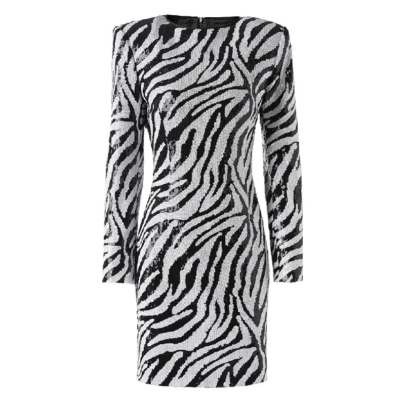 Powerful Crew Neck Strong Shoulder Long Sleeve Zebra Sequin Mini Party Dress Shift Classic Vintage