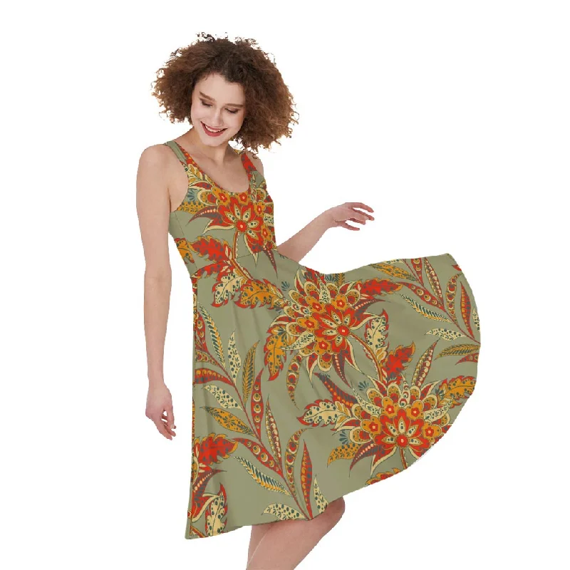 Vintage Orange Bohemian Floral Print Sleeveless Knee Length Dress Tunics Timeless classic Vintage Orange Bohemian Floral Print Sleeveless Knee Length Dress Tunics Timeless classic
