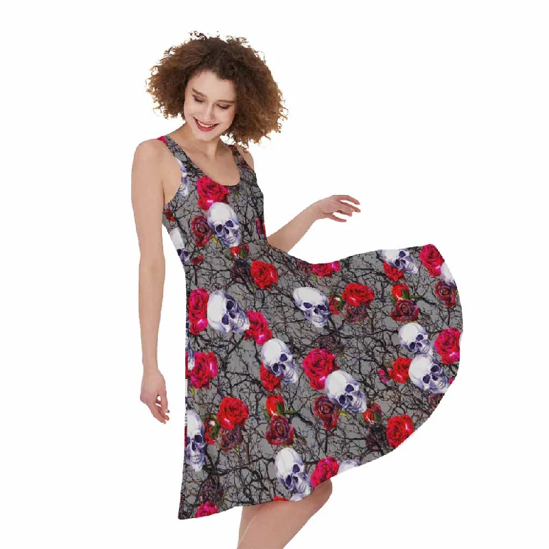 Rose Branch Skull Pattern Print Sleeveless Knee Length Dress Tunics Exclusive limited Rose Branch Skull Pattern Print Sleeveless Knee Length Dress Tunics Exclusive limited
