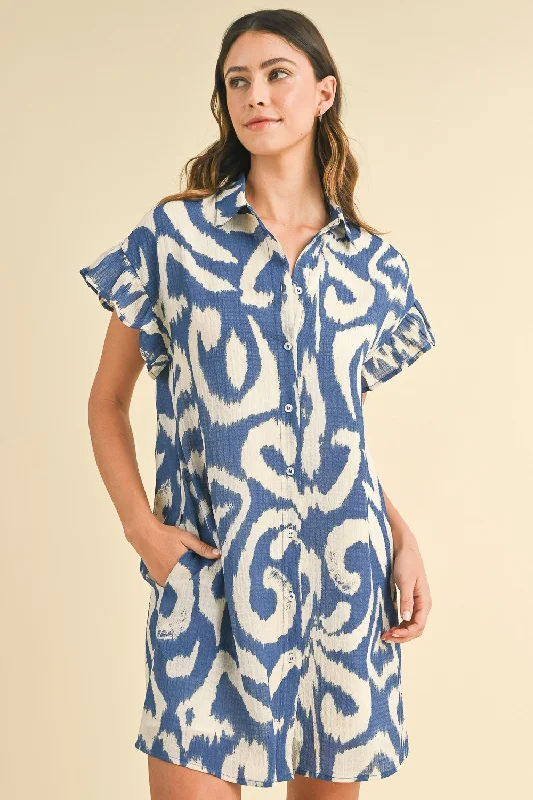 AnnieWear Abstract Print Button Down Mini Dress in Royal Trendy Denim Mini Dress