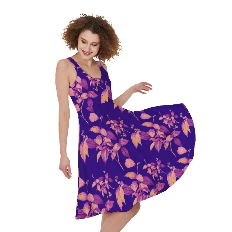 Purple Tropical Hawaiian Pattern Print Sleeveless Knee Length Dress Tunics Wedding white Purple Tropical Hawaiian Pattern Print Sleeveless Knee Length Dress Tunics Wedding white