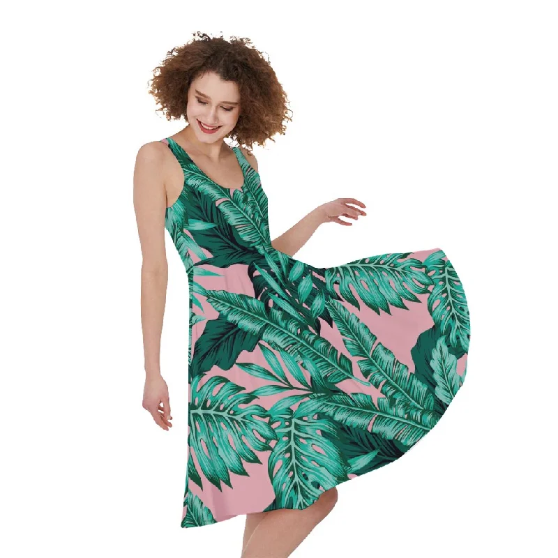 Teal Banana Leaves Pattern Print Sleeveless Knee Length Dress Tunics Favorite customer Teal Banana Leaves Pattern Print Sleeveless Knee Length Dress Tunics Favorite customer