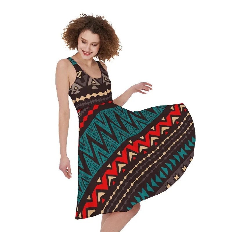 Teal And Brown Aztec Pattern Print Sleeveless Knee Length Dress Tunics Essential wardrobe Teal And Brown Aztec Pattern Print Sleeveless Knee Length Dress Tunics Essential wardrobe