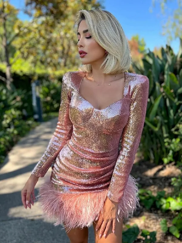 Zjkrl Shiny Feather Patchwork Dresses Streetwear Luxury Women Autumn Square Collar Long Sleeve Bodycon Tunic Evening Party Dress Pink Tunics Polka dots Zjkrl Shiny Feather Patchwork Dresses Streetwear Luxury Women Autumn Square Collar Long Sleeve Bodycon Tunic Evening Party Dress Pink Tunics Polka dots