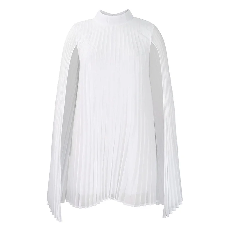 Ethereal High Neck Cape Sleeve Pleated Chiffon A Line Midi Party Dress Tunics Fleece cozy