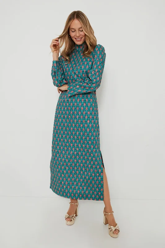 Teal & Red Floral Mock Neck Maris Dress A-Line Day Work