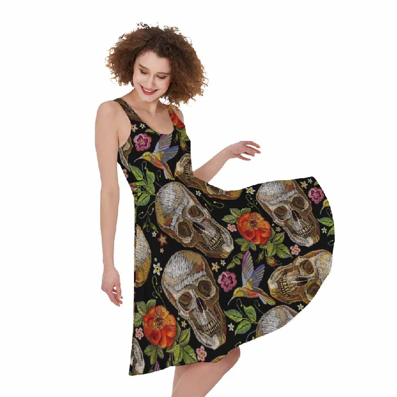 Vintage Skull Pattern Print Sleeveless Knee Length Dress Tunics Fall fleece