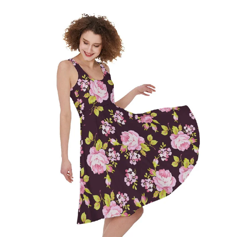 Vintage Pink Rose Floral Pattern Print Sleeveless Knee Length Dress Tunics Exclusive limited