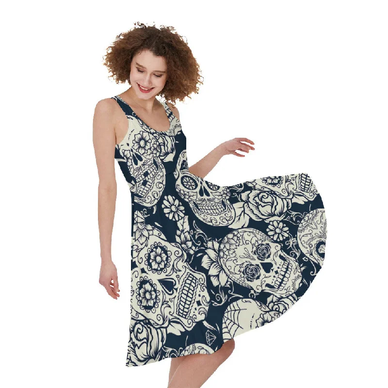 White Floral Sugar Skull Pattern Print Sleeveless Knee Length Dress Tunics Sophisticated sleek White Floral Sugar Skull Pattern Print Sleeveless Knee Length Dress Tunics Sophisticated sleek