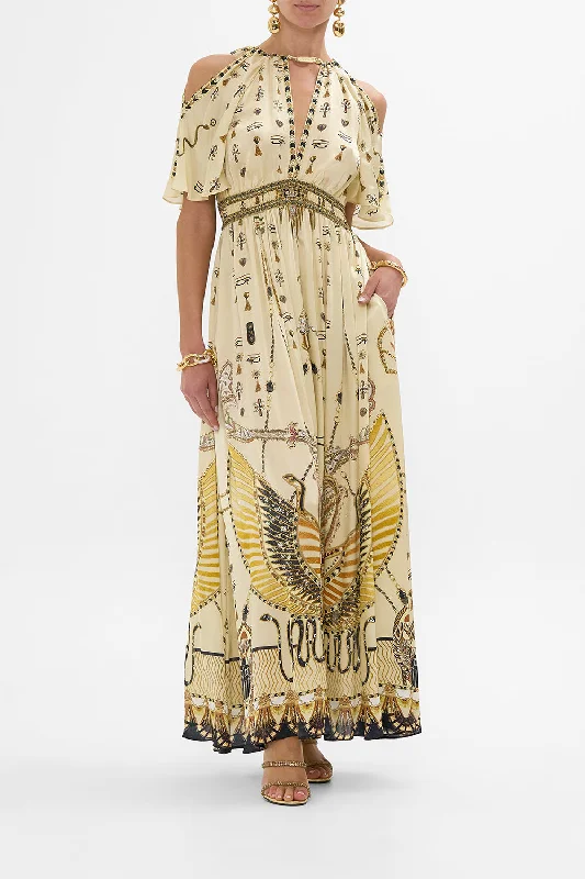 NECK PIECE SHIRRED WAIST LONG DRESS GATEWAY TO THE AFTERLIFE Tunics Print Colorful