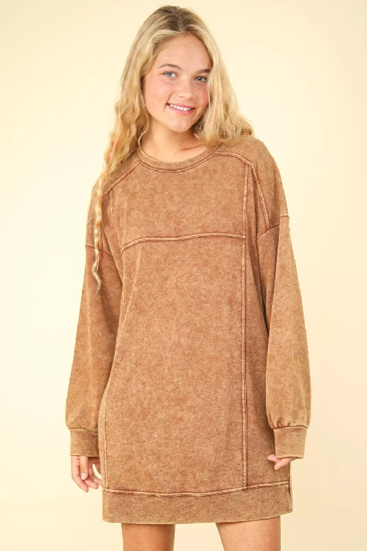 Very J OVERSIZED Mineral Washed Sweatshirt Mini Dress in Camel Cozy Knit Mini Dress
