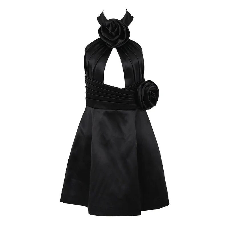 Silky Satin Rosette Pleated Halter Neck Cut Out Fit & Flare Mini Party Dress Tunics Versatile stylish Silky Satin Rosette Pleated Halter Neck Cut Out Fit & Flare Mini Party Dress Tunics Versatile stylish