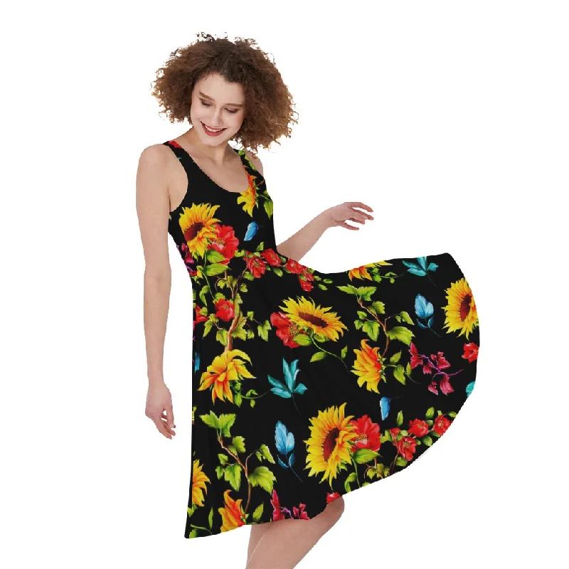 Sunflower Floral Pattern Print Sleeveless Knee Length Dress Tunics Cozy soft