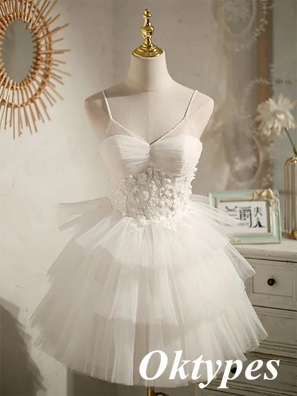 Sexy White Tulle Spaghetti Straps V-Neck A-Line Mini Dresses/ Homecoming Dresses With Beading, PDS0535 Cozy A-Line Mini Dress Sexy White Tulle Spaghetti Straps V-Neck A-Line Mini Dresses/ Homecoming Dresses With Beading, PDS0535 Cozy A-Line Mini Dress