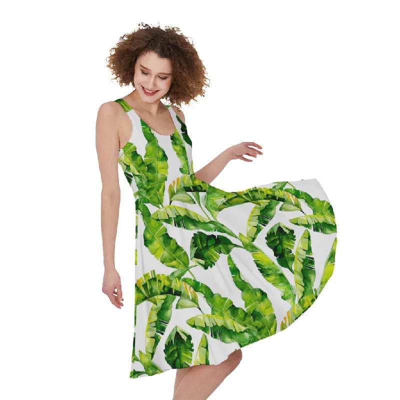Tropical Banana Leaves Pattern Print Sleeveless Knee Length Dress Tunic Top Casual