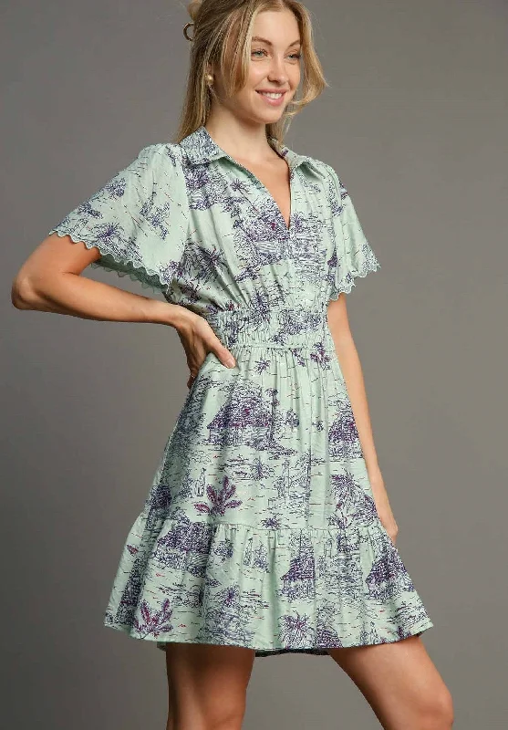 Umgee Landscape Print Mini Dress in Sage Mint Classic Solid Mini Dress