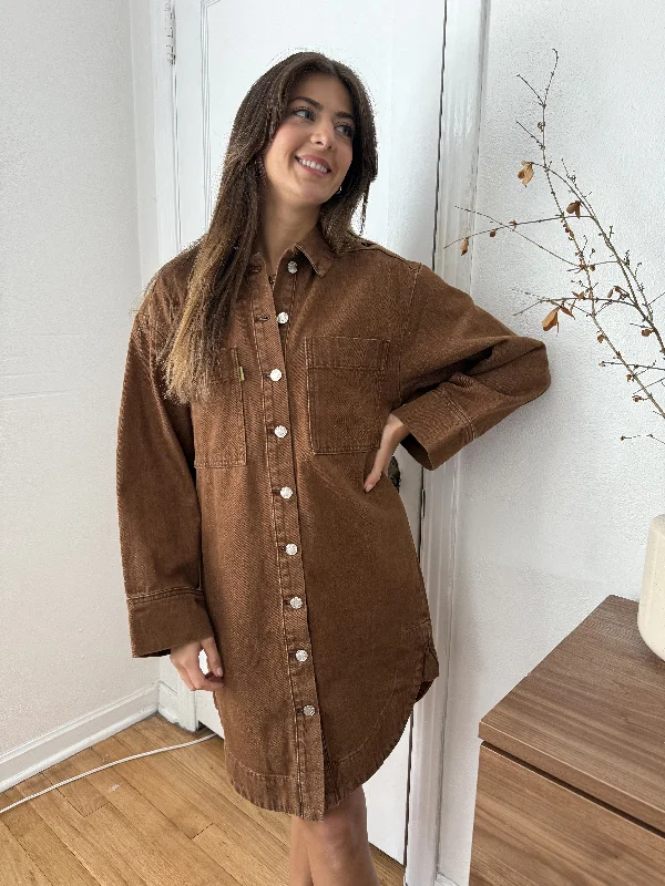 FRNCH Domitille Camel Denim Buttoned Shirt Mini Dress Trendy Denim Mini Dress