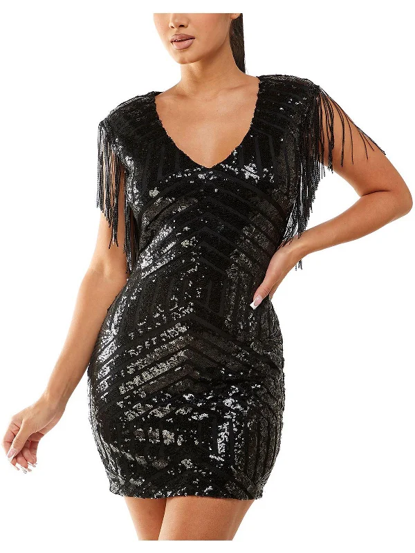 Juniors Womens Fringe Trim Sequined Cocktail and Party Dress Tunics Stylish elegant