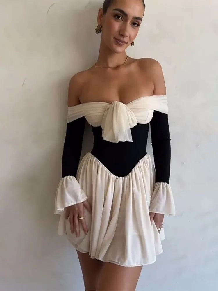 Elegant Off Shoulder Patchwork Women Mini Dress Fashion Flare Long Sleeve Pleated Bodycon Dress Lady Lace Up Party A-line Dress Comfortable Wrap Mini Dress Elegant Off Shoulder Patchwork Women Mini Dress Fashion Flare Long Sleeve Pleated Bodycon Dress Lady Lace Up Party A-line Dress Comfortable Wrap Mini Dress