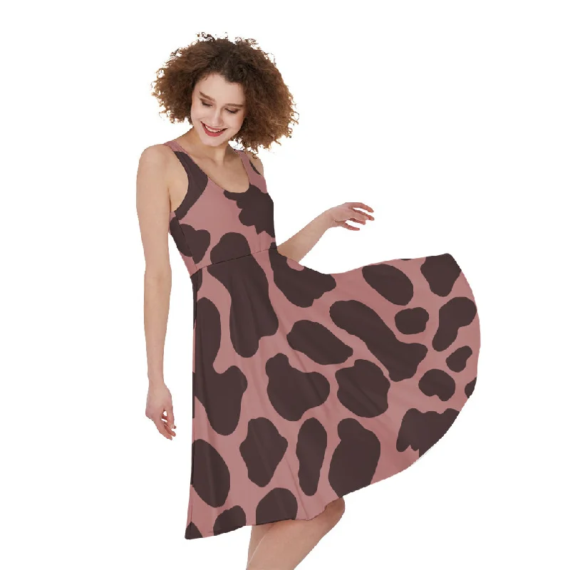 Red Brown Cow Print Sleeveless Knee Length Dress Tunics Long Elegant