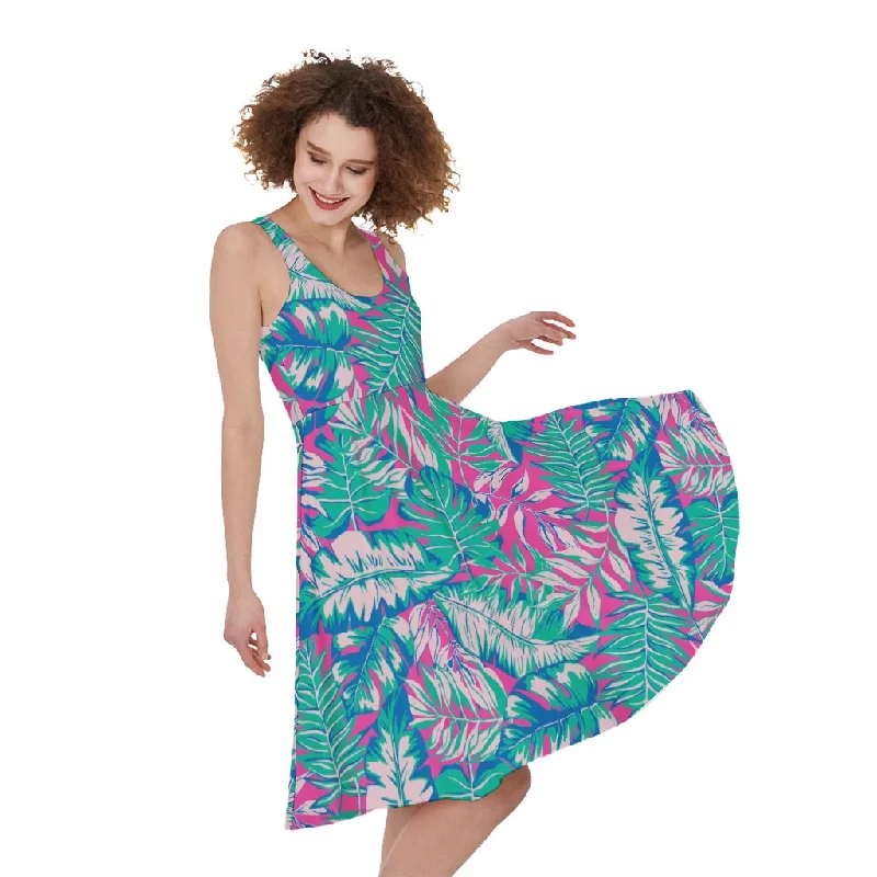 Teal Pink Blossom Tropical Pattern Print Sleeveless Knee Length Dress Tunics Summer linen Teal Pink Blossom Tropical Pattern Print Sleeveless Knee Length Dress Tunics Summer linen