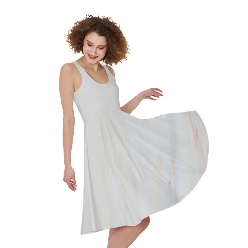 White Brown Smooth Marble Print Sleeveless Knee Length Dress Off-the-shoulder Chic Trendy White Brown Smooth Marble Print Sleeveless Knee Length Dress Off-the-shoulder Chic Trendy