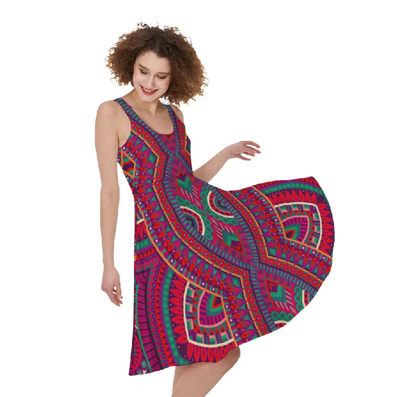 Red Tribal Ethnic Mandala Print Sleeveless Knee Length Dress Tunics Cozy comfortable Red Tribal Ethnic Mandala Print Sleeveless Knee Length Dress Tunics Cozy comfortable