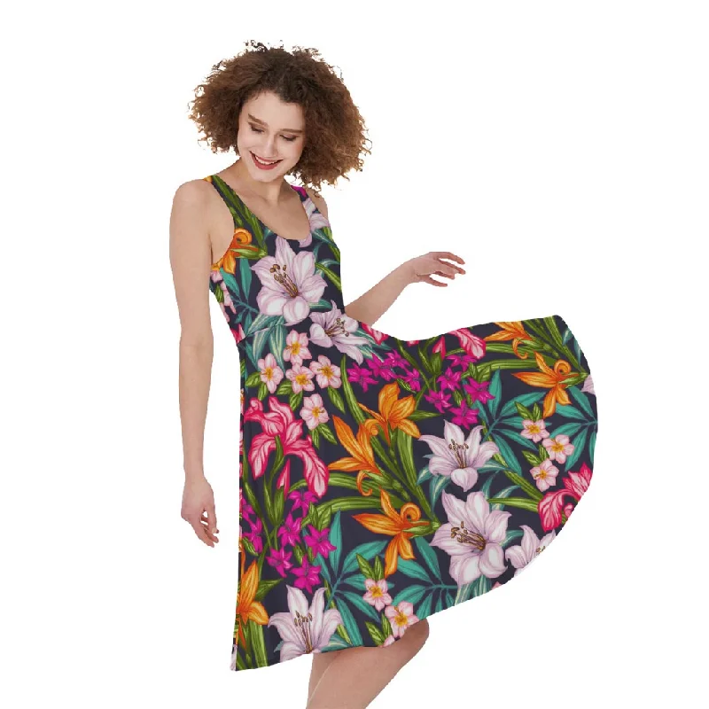 Tropical Flowers Pattern Print Sleeveless Knee Length Dress A-Line Day Work