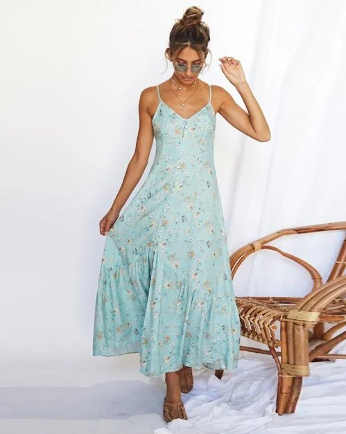Sexy V Neck Strap Buttons Beach Sundress Casual Print Long Dress Vintage Party Dress Tunics Silk luxurious