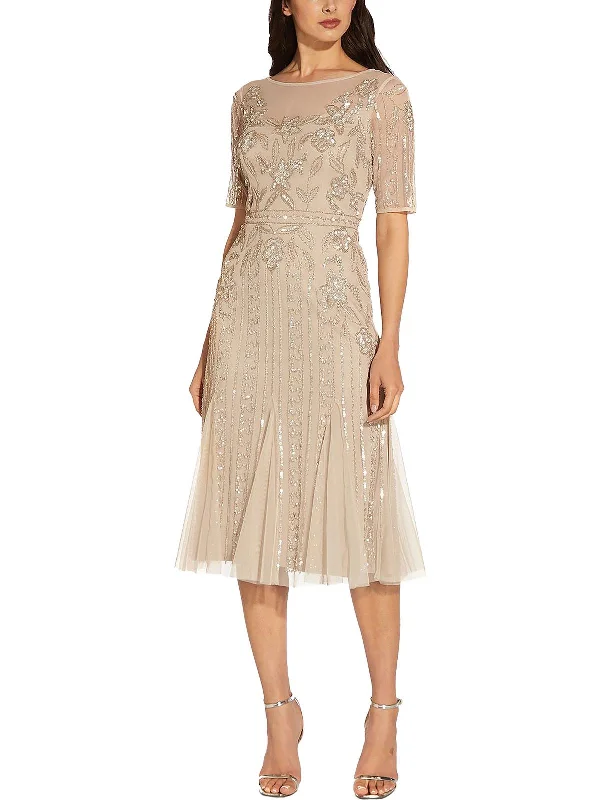 Womens Beaded Midi Cocktail and Party Dress Satin Halter Glamorous