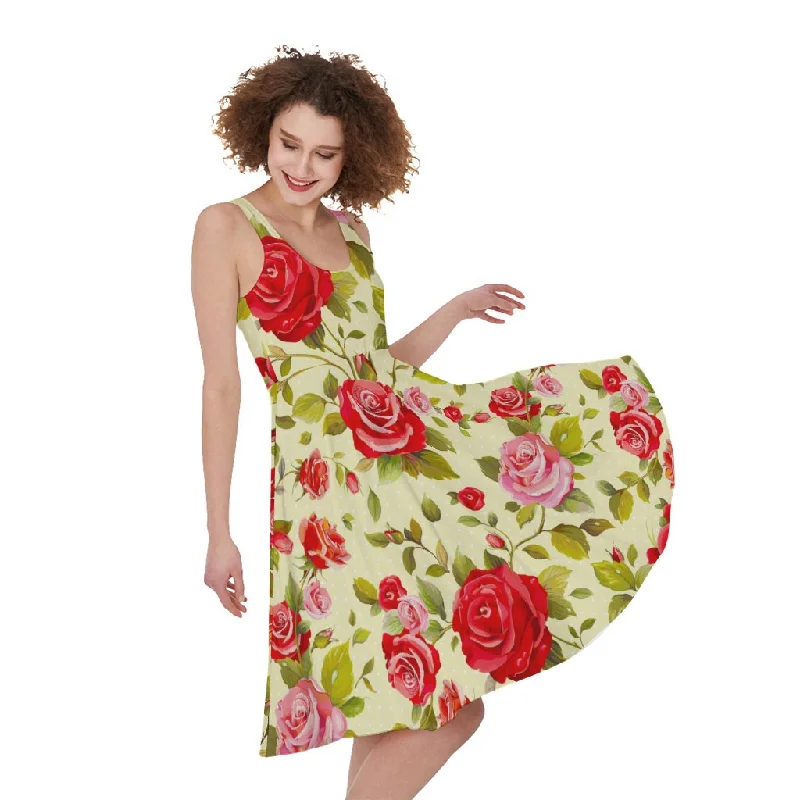Red Pink Rose Floral Pattern Print Sleeveless Knee Length Dress Casual Short Summer