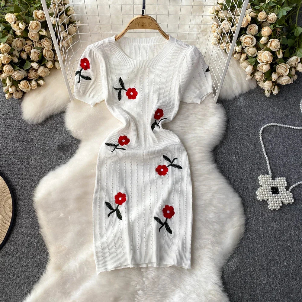 2024 Women Dress Elegant Embroidery Rose Flowers White Black Bodycon Party Dress Chic Fashion  Knitted Ladies Short Mini Dresses Peplum Ruffle Cocktail
