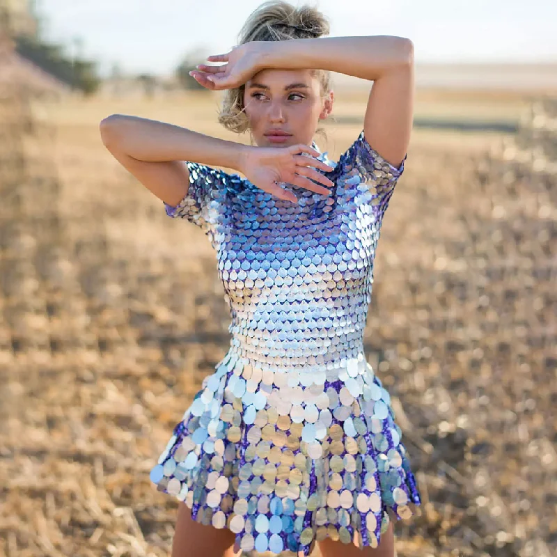 Sparkly Sea Shell Disc Sequin Mock Neck Short Sleeve Printed Mini Disco Party Dress Tunics Leisure comfortable Sparkly Sea Shell Disc Sequin Mock Neck Short Sleeve Printed Mini Disco Party Dress Tunics Leisure comfortable