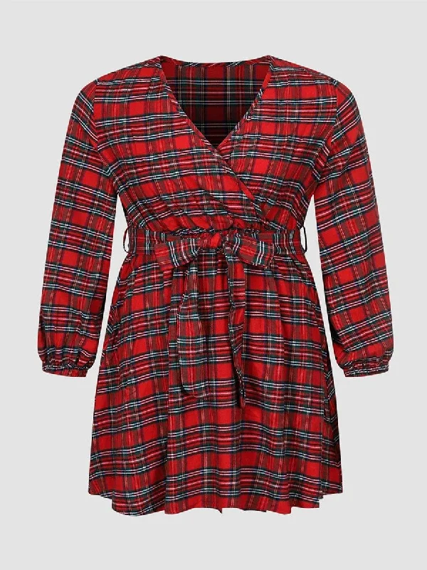 Plus Size Plaid Party Dress Peplum Ruffle Cocktail