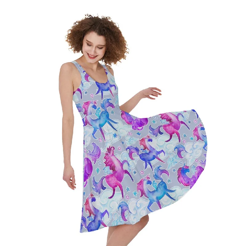 Unicorn Paradise Pattern Print Sleeveless Knee Length Dress Turtleneck Warm Winter