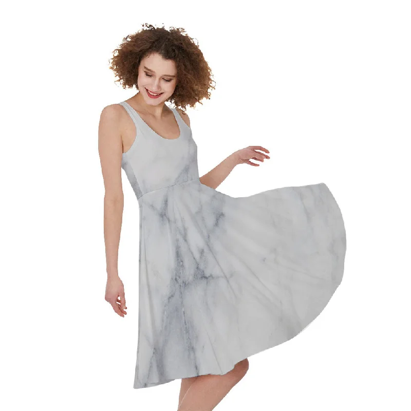 Smoke Grey Marble Print Sleeveless Knee Length Dress Tunics Floral girly