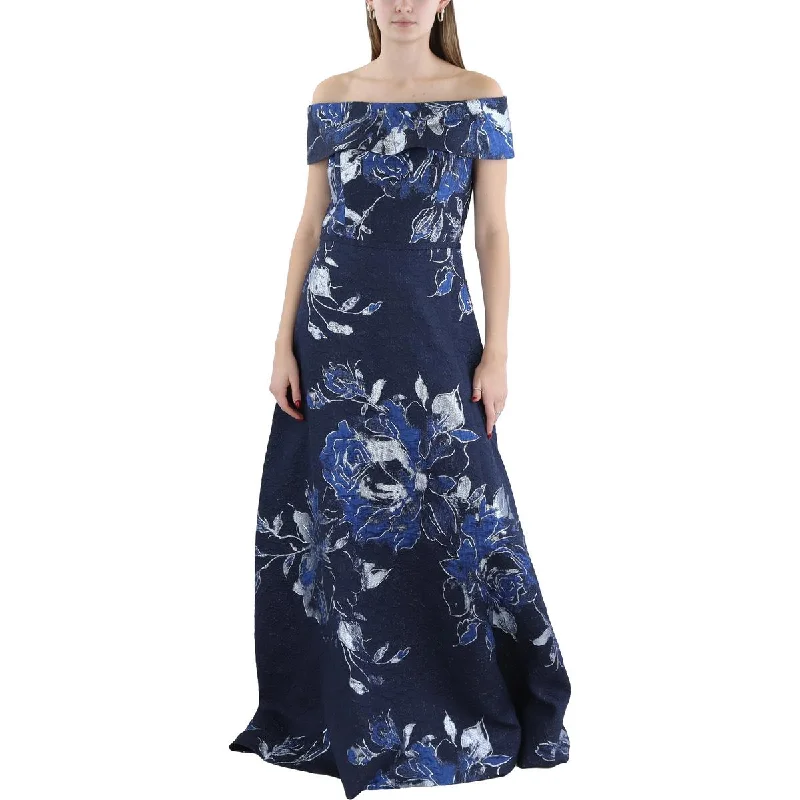 Womens Metallic Off-The-Shoulder Evening Dress empire Waist empire