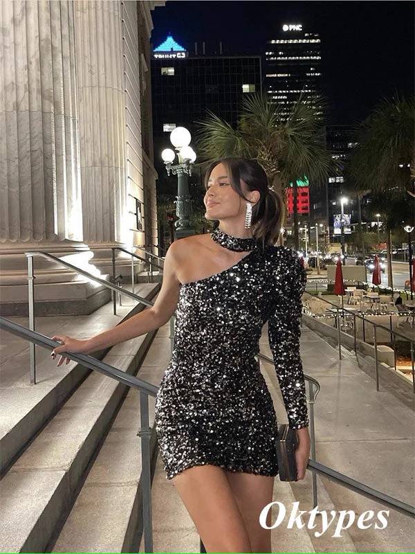 Sexy Black Sequin One Shoulder Long Sleeves Sheath Mini Dresses/ Homecoming Dresses,PDS0512 Chic Mini Dress with V-Neck Sexy Black Sequin One Shoulder Long Sleeves Sheath Mini Dresses/ Homecoming Dresses,PDS0512 Chic Mini Dress with V-Neck